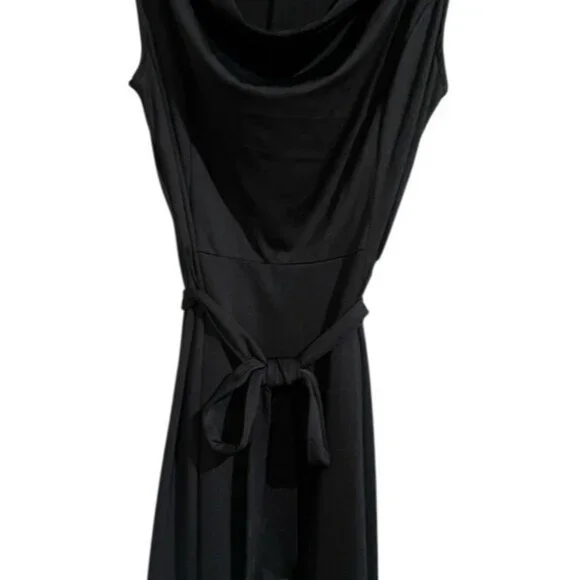 Elegant Sophisticated Sleeveless Black Cowl Neck Midi Dress With Tie Belt Size M - Picture 5 of 13